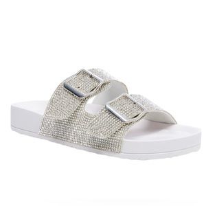 •MADDEN GIRL• Silver Rhinestone Teddy Flatbed Slide Sandal Sz 10